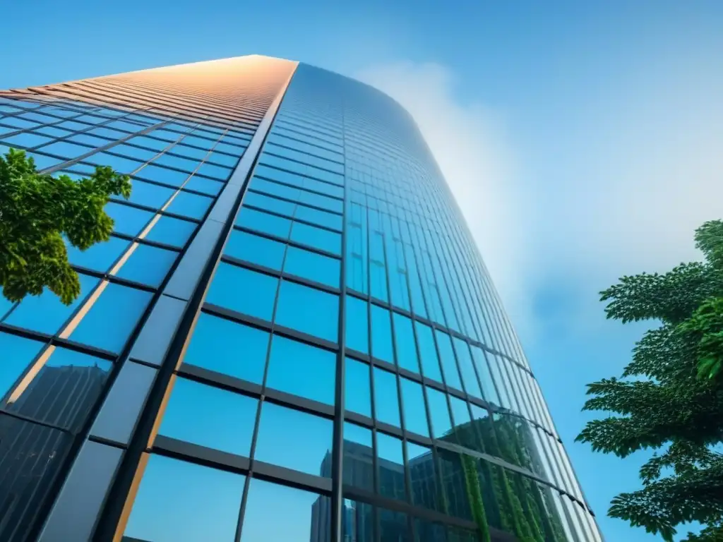 Un rascacielos moderno y elegante se alza contra un cielo azul claro, reflejando la ciudad en su fachada de vidrio