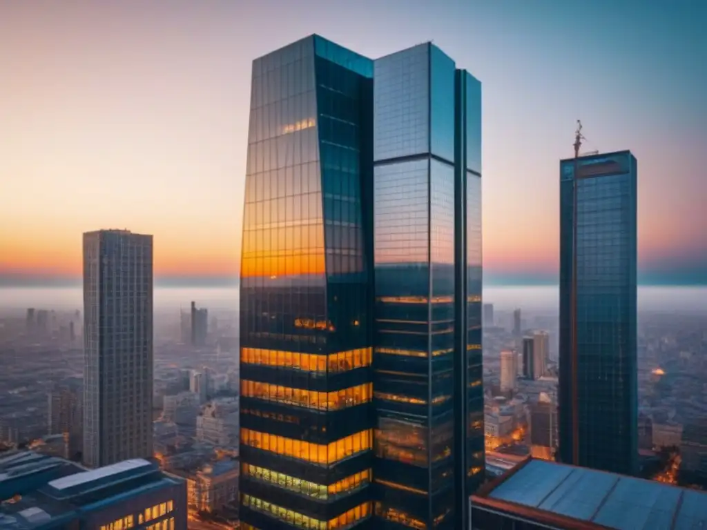 Rascacielos contemporáneo: fusión cultural al atardecer Un rascacielos moderno y elegante se alza sobre la ciudad al atardecer, fusionando tendencias estilísticas mercado inmobiliario