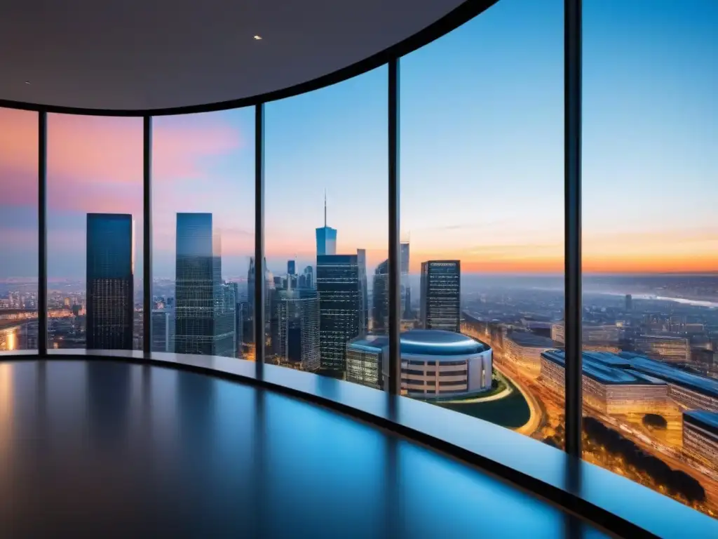 Edificio de oficinas moderno en ciudad vibrante Un rascacielos moderno y elegante en una ciudad vibrante, ideal para las mejores aplicaciones de gestión inmobiliaria