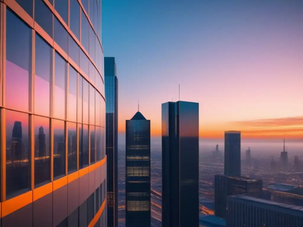 Edificio moderno al atardecer: inversión inteligente en bienes raíces Un rascacielos moderno y elegante refleja la ciudad al atardecer