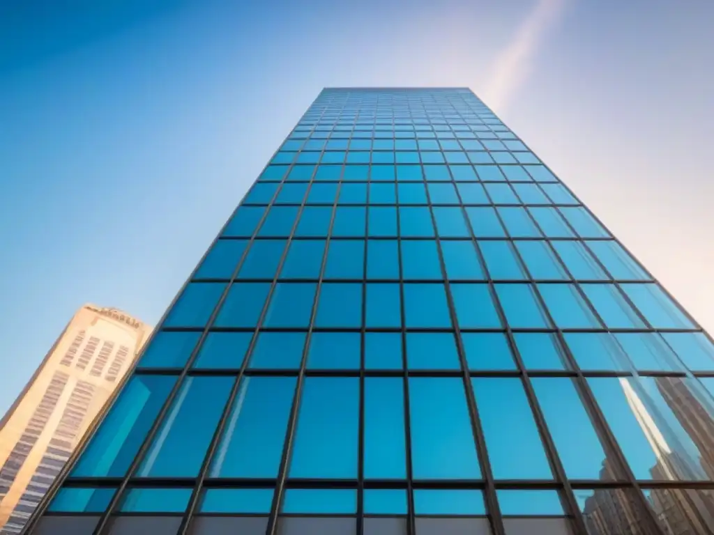 Edificio de oficinas moderno en la ciudad: estabilidad y sofisticación Un rascacielos moderno con un exterior de vidrio elegante, reflejando el paisaje urbano y bullicioso de la ciudad