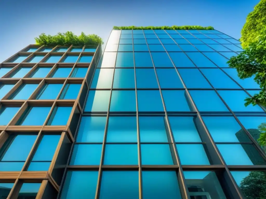 Edificio moderno de cristal en la ciudad Un rascacielos moderno con fachada de vidrio, rodeado de vegetación y cielo azul