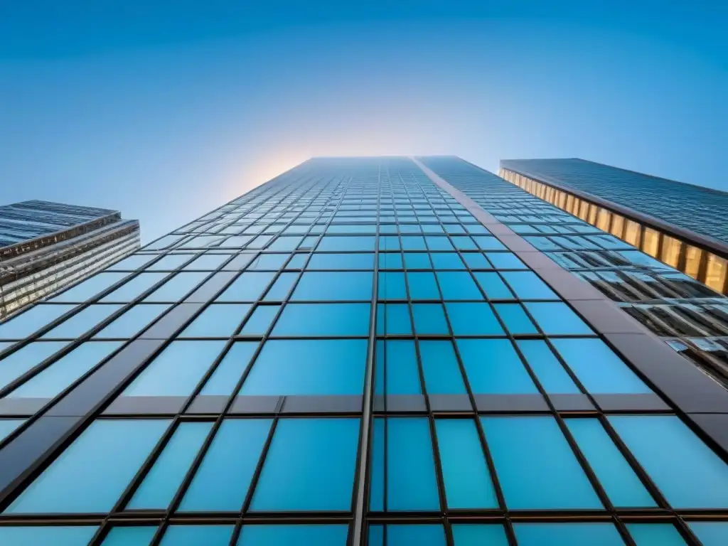 Un rascacielos moderno con una fachada de vidrio reflejando la ciudad, simbolizando éxito en invertir en REITs para inversores