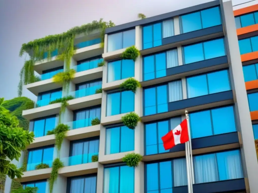 Edificio de lujo con banderas internacionales en balcones Un rascacielos moderno de lujo con banderas internacionales en los balcones, simbolizando una diversificación de cartera inmobiliaria internacional