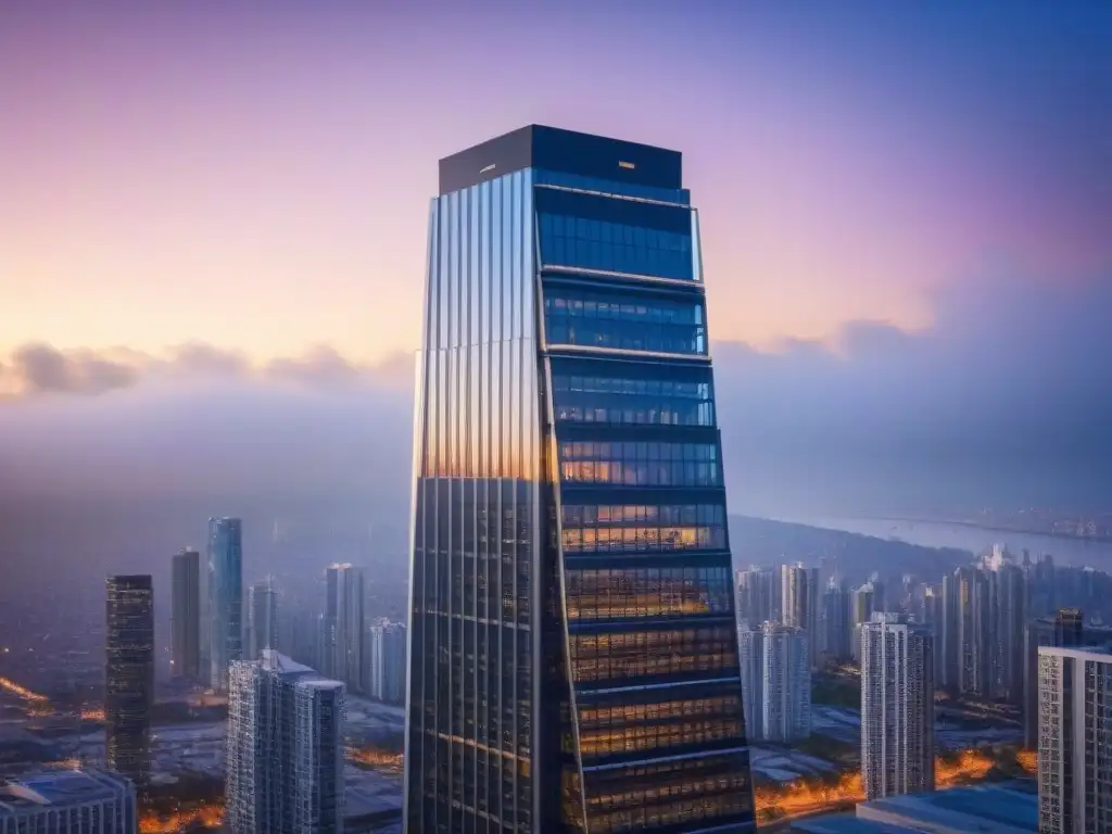 Edificio emblemático: éxito en crowdfunding inmobiliario Un rascacielos moderno de lujo en una ciudad bulliciosa, simbolizando el éxito en crowdfunding inmobiliario