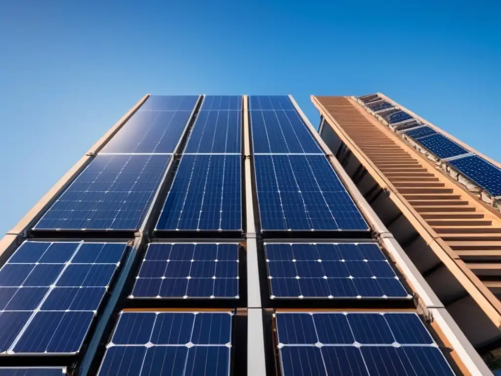 Edificio moderno de lujo con paneles solares: símbolo de energía renovable Un rascacielos moderno de lujo cubierto de paneles solares, simbolizando energías renovables en proyectos inmobiliarios