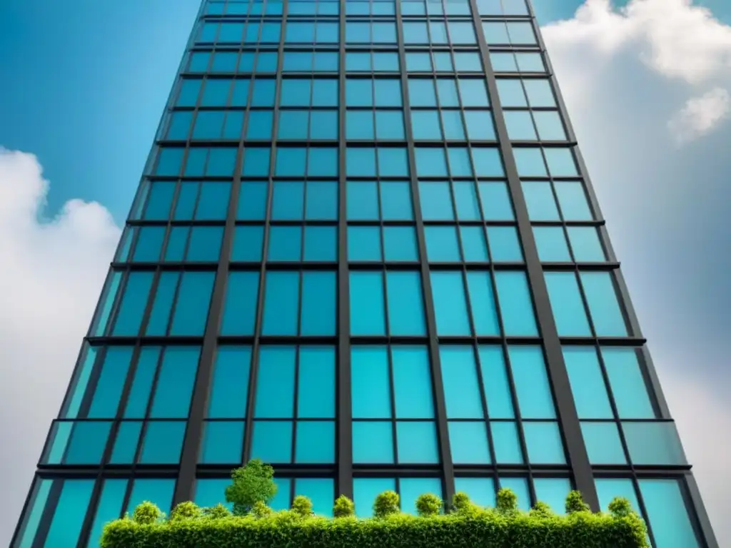 Un rascacielos moderno de lujo con detalles arquitectónicos y un helipuerto en la azotea, rodeado de vegetación exuberante y autos de lujo