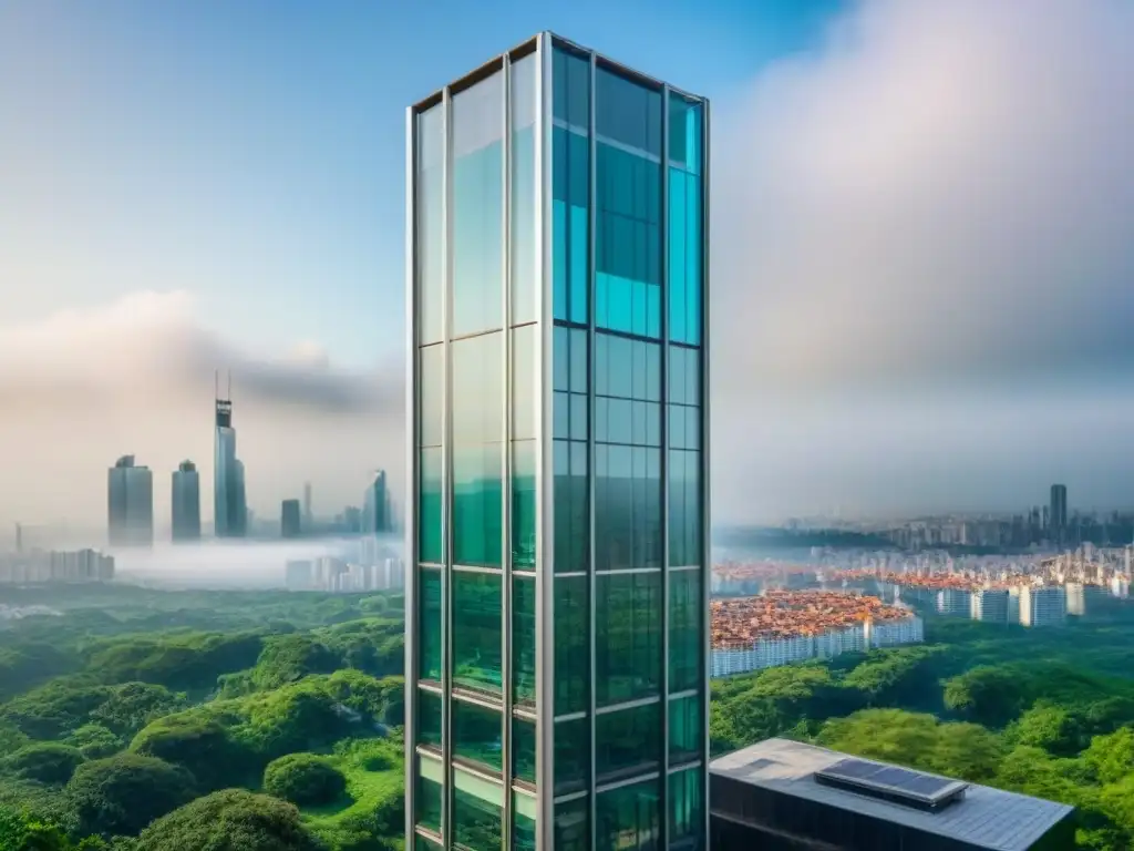 Rascacielos de cristal y lujo: inversión inmobiliaria global Un rascacielos moderno de lujo con fachada de vidrio, rodeado de exuberante vegetación y vida urbana, reflejando la ciudad