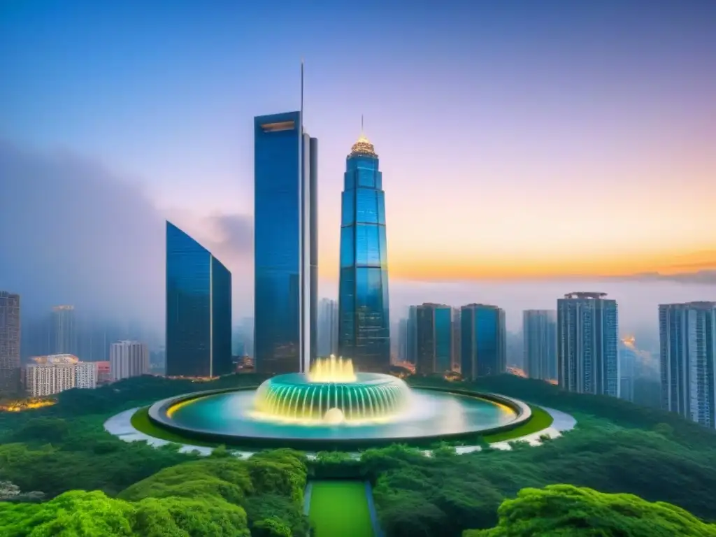 Rascacielos moderno de lujo en ciudad vibrante al atardecer Un rascacielos moderno de lujo destaca en el horizonte urbano al anochecer, rodeado de vegetación exuberante y una fuente serena