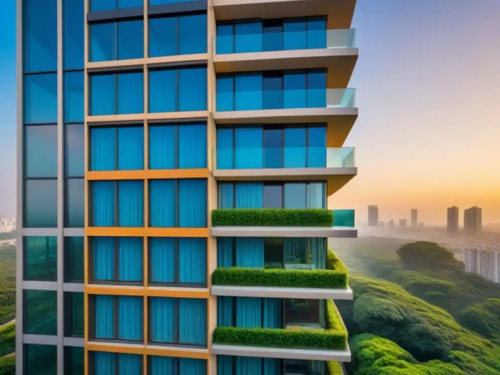 Edificio de lujo con vistas al amanecer entre naturaleza exuberante Un rascacielos moderno de lujo con ventanales de piso a techo reflejando un amanecer, rodeado de vegetación exuberante y un cielo azul claro