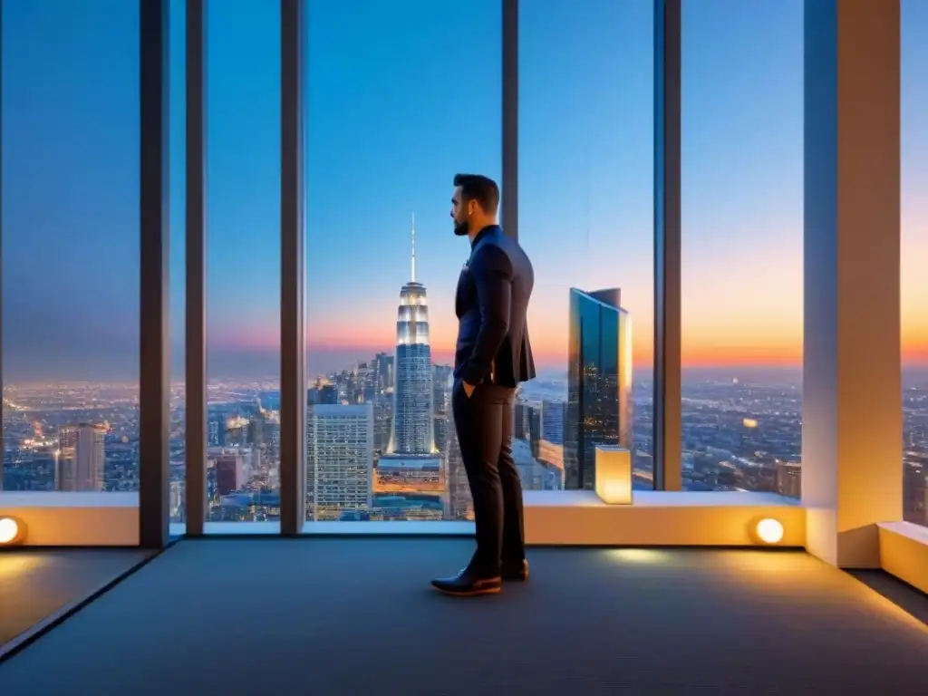 Espectacular atardecer en edificio moderno asegurado Un rascacielos moderno de lujo con ventanales de piso a techo reflejando un paisaje urbano vibrante al anochecer, destacando la diversidad arquitectónica de la ciudad y luces parpadeantes, simbolizando la importancia del seguro inmobiliario en proteger valiosos activ