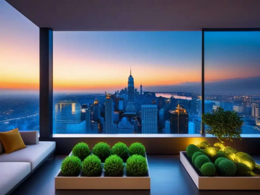 Edificio moderno de lujo con vista panorámica en la ciudad Un rascacielos moderno de lujo con ventanales de piso a techo reflejando la ciudad, jardines en la azotea y skyline brillante al atardecer