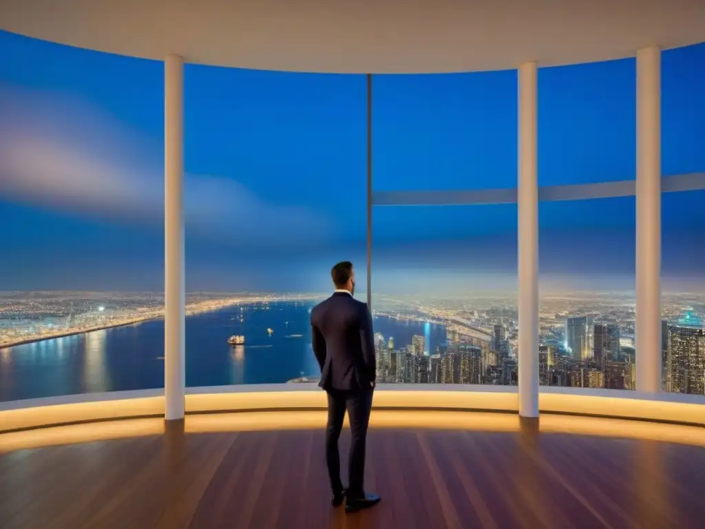 Edificio de lujo en la ciudad: estilo moderno con vistas nocturnas Un rascacielos moderno de lujo con ventanales de piso a techo reflejando un vibrante paisaje urbano nocturno, ideal para inversores inmobiliarios en busca de beneficios fiscales