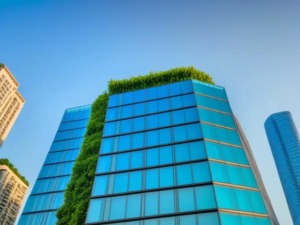 Edificio de lujo: inversión inmobiliaria internacional exitosa Un rascacielos moderno y lujoso destacándose contra un cielo azul, rodeado de vegetación y un entorno urbano activo