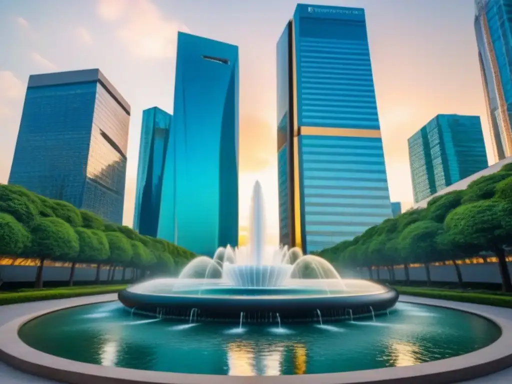 Rascacielos de lujo: inversión inmobiliaria exitosa Un rascacielos moderno y lujoso se alza sobre una ciudad bulliciosa, con fachadas de cristal reflejando los tonos dorados del atardecer