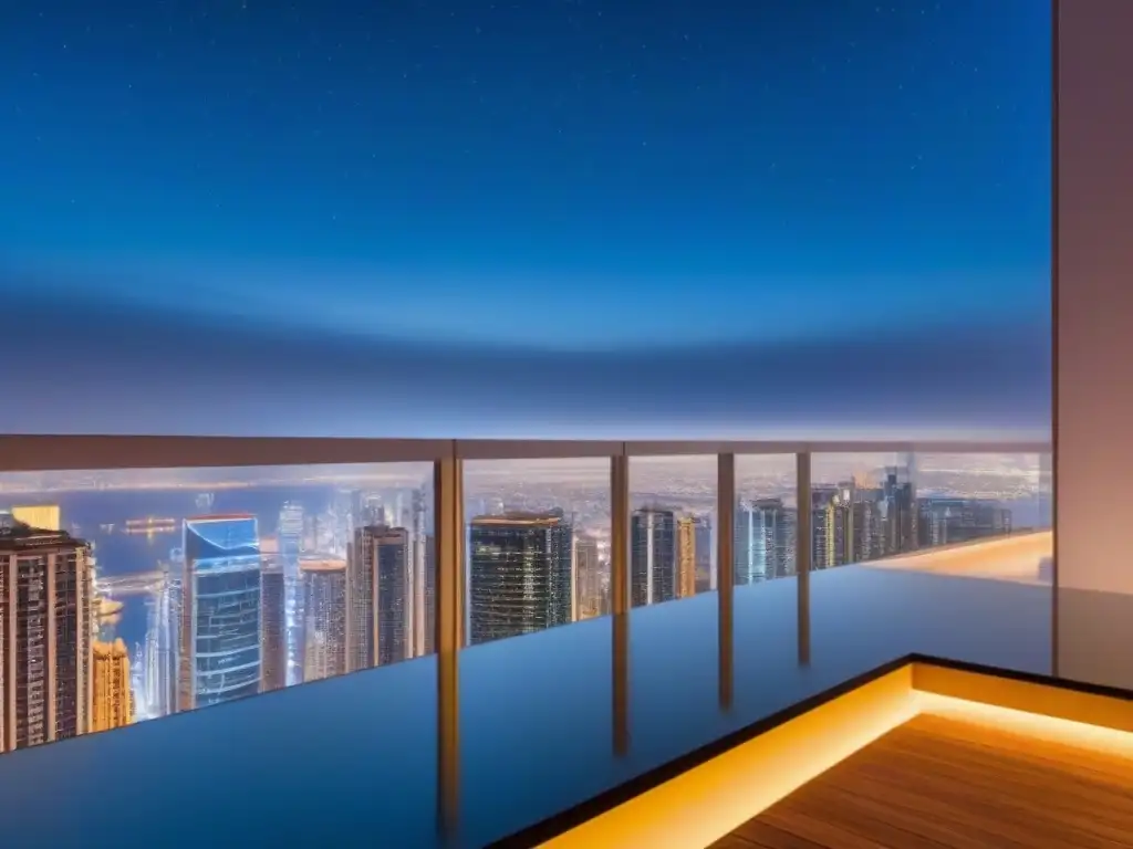 Rascacielos moderno y lujoso: inversión inmobiliaria internacional Un rascacielos moderno y lujoso refleja una ciudad vibrante de noche, mostrando 'Oportunidades inversión inmobiliaria internacional'