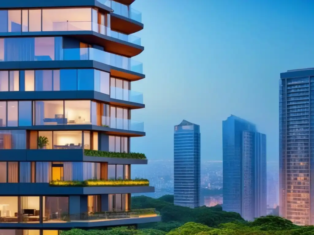 Edificio de lujo: arquitectura moderna y sostenible en la ciudad Un rascacielos moderno y lujoso reflejando la ciudad en sus cristales, con un diseño cutting-edge y elementos sostenibles, exuda sofisticación y éxito