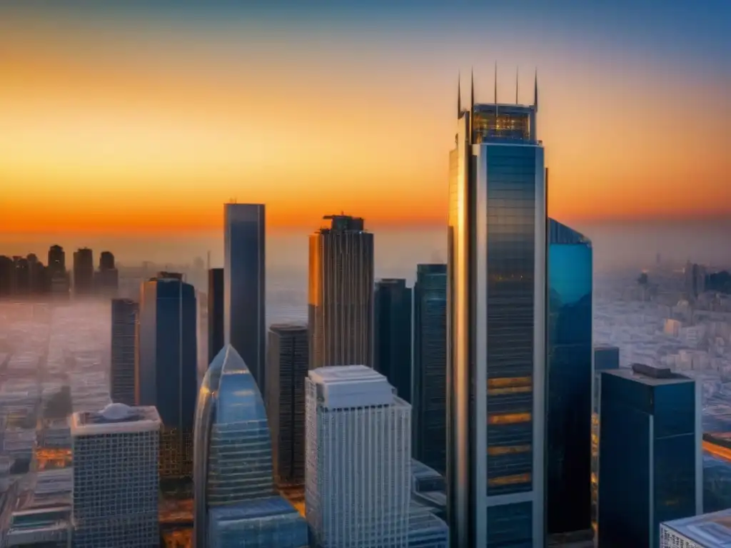 Un rascacielos moderno y lujoso destaca en la ciudad, rodeado de edificios de vidrio reflejando el atardecer dorado, simbolizando protección legal propiedades demandas inmobiliarias