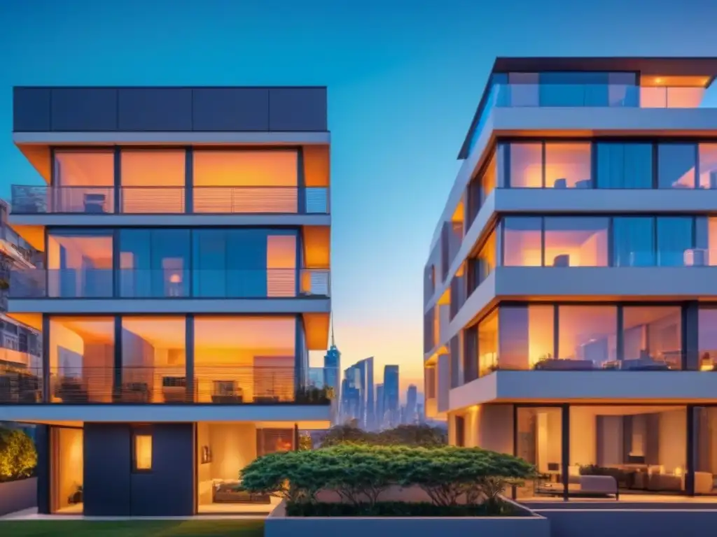 Edificio de lujo con diseño arquitectónico moderno y vista urbana al atardecer Un rascacielos moderno y lujoso con diseño arquitectónico elegante, reflejando el horizonte urbano al atardecer