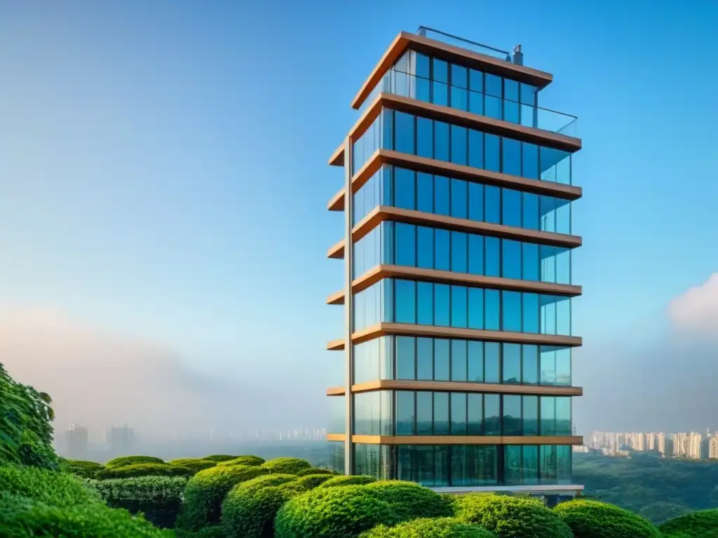 Edificio de lujo con terraza panorámica en la ciudad Un rascacielos moderno y lujoso con fachada de vidrio, rodeado de vegetación, terraza y mobiliario elegante