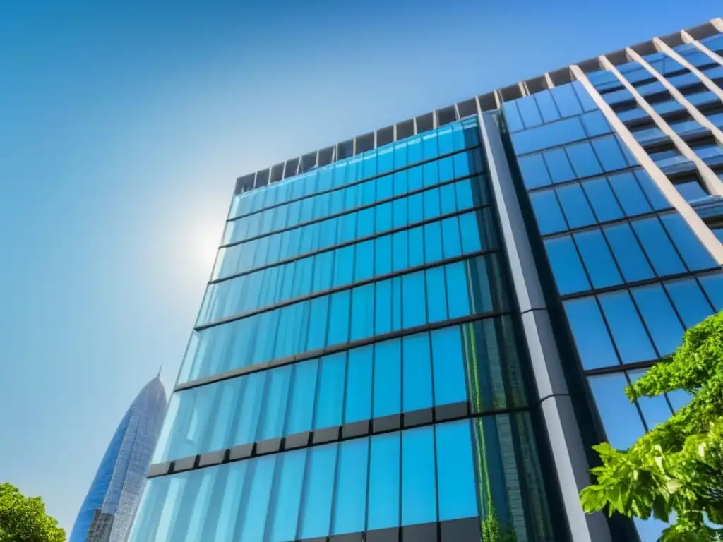 Rascacielos moderno de lujo: inversión global en crowdfunding inmobiliario Rascacielos moderno y lujoso con fachada de vidrio, rodeado de vegetación, reflejando la ciudad