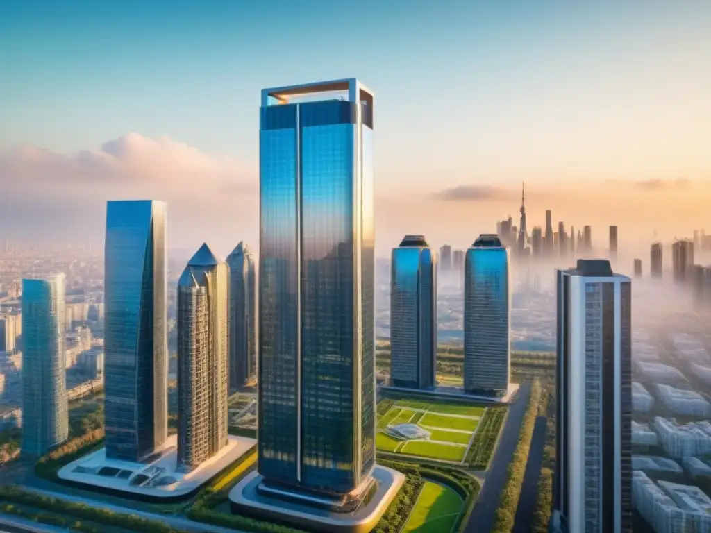 Edificio de lujo con diseño innovador en ciudad futurista Un rascacielos moderno y lujoso con fachadas de vidrio, rodeado de una ciudad dinámica y verde