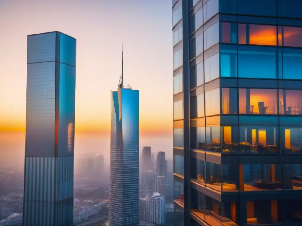 Un rascacielos moderno y lujoso con fachadas de vidrio, reflejando la ciudad vibrante