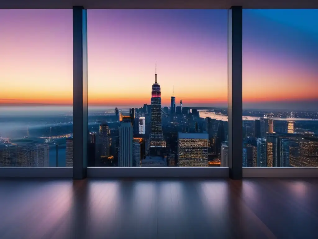Rascacielos de lujo en la ciudad al atardecer Un rascacielos moderno y lujoso con líneas arquitectónicas elegantes y ventanales de piso a techo, en un paisaje urbano vibrante al anochecer