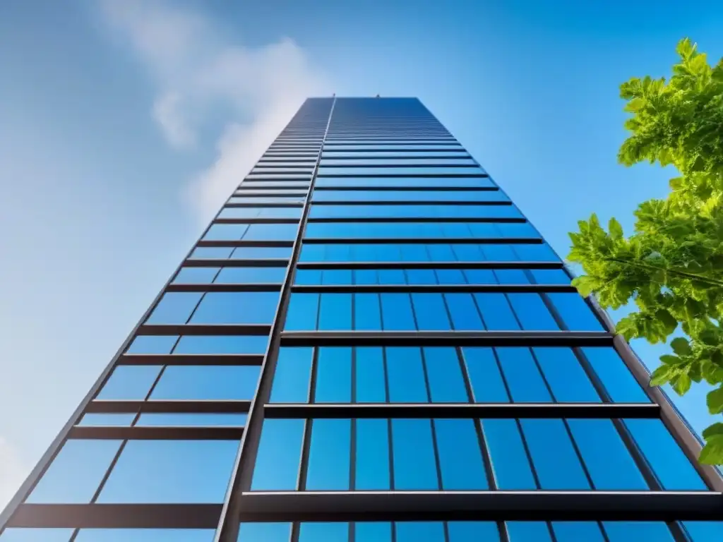 Rascacielos sostenible: innovación y lujo en arquitectura verde Un rascacielos moderno y lujoso, rodeado de naturaleza con energías renovables integradas