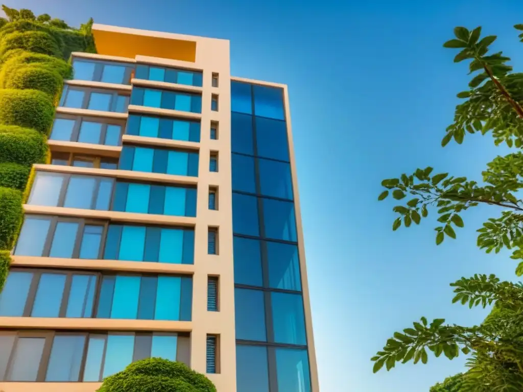 Edificio de lujo con diseño arquitectónico moderno Un rascacielos moderno y lujoso rodeado de vegetación, reflejando el sol en sus ventanas
