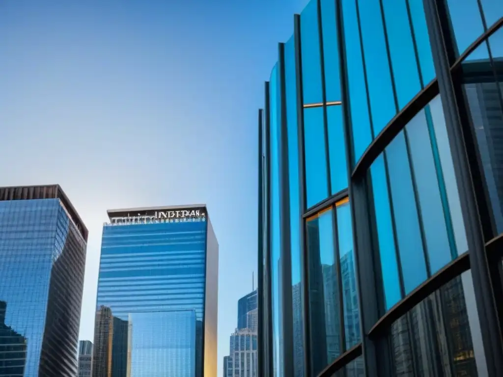 Edificio de oficinas moderno y lujoso en la ciudad financiera Un rascacielos moderno y lujoso con ventanas de cristal de piso a techo reflejando una ciudad vibrante, en un distrito financiero bullicioso