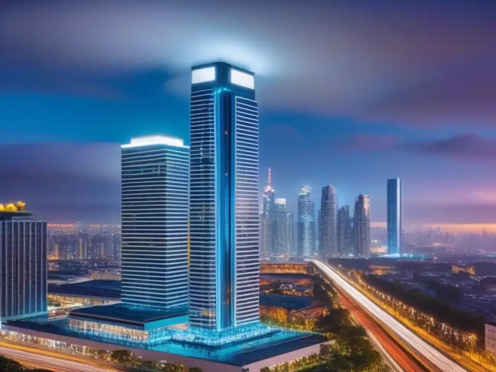 Rascacielos moderno en la ciudad al atardecer Un rascacielos moderno y lujoso reflejando la vibrante ciudad al anochecer, con un diseño innovador