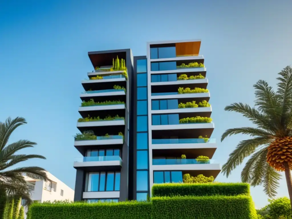 Inversión en bienes raíces: Edificio de lujo en entorno verde Un rascacielos moderno rodeado de vegetación, cielo azul, simbolizando el crowdfunding inmobiliario para inversiones