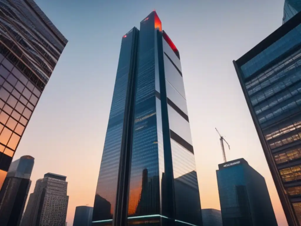 Riesgos financieros en inmuebles: protegiendo inversiones Rascacielos moderno rodeado de complejos diagramas financieros, protegiendo inversiones en financiamiento inmobiliario al atardecer