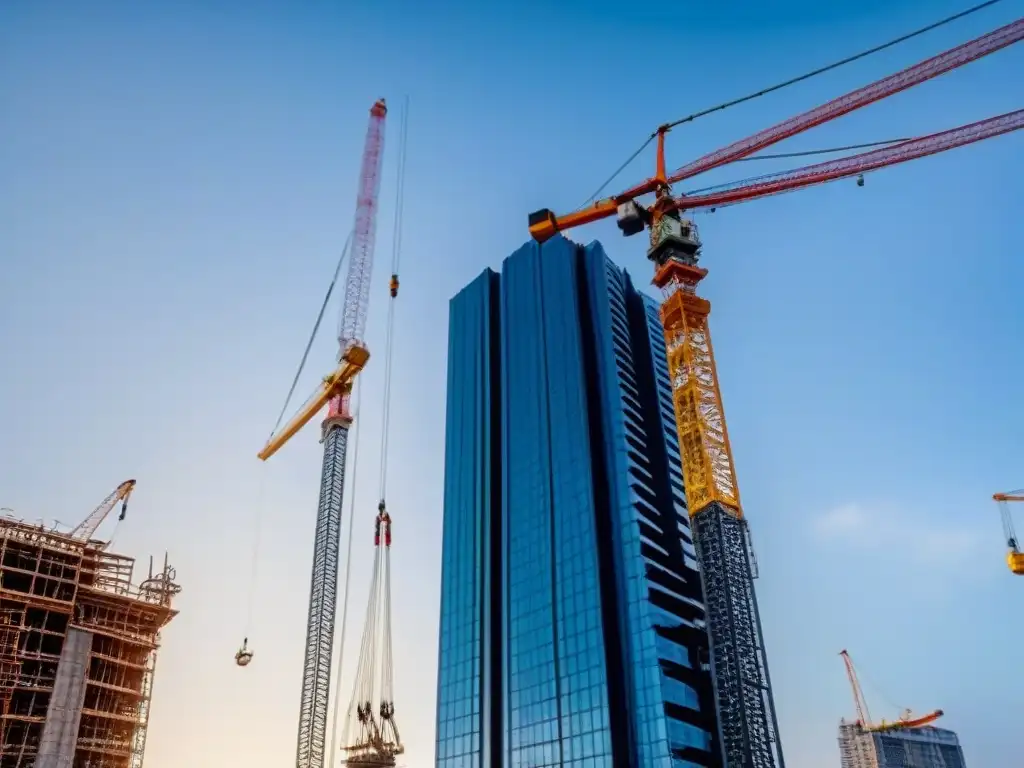 Rascacielos moderno rodeado de grúas: símbolo de crecimiento inmobiliario Un rascacielos moderno rodeado de grúas de construcción, simbolizando el crecimiento y desarrollo en la industria inmobiliaria