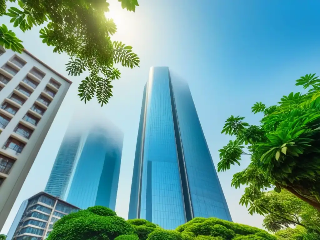 Rascacielos moderno rodeado de vegetación, con diseño elegante y ventanas de cristal, reflejando la ciudad, bajo cielo azul