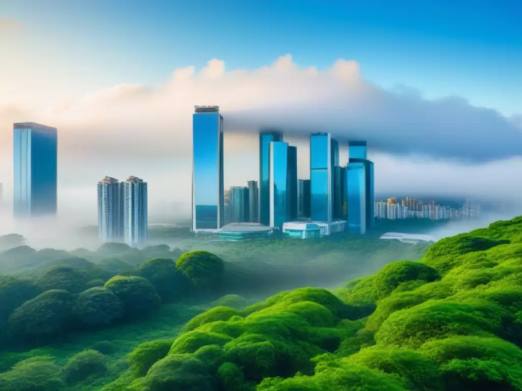 Rascacielos de lujo en entorno verde: éxito en inversión inmobiliaria Rascacielos moderno rodeado de vegetación, reflejando éxito en estrategias inversión mercado inmobiliario