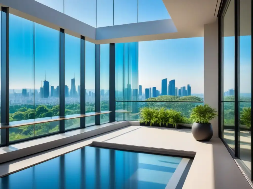 Rascacielos moderno rodeado de vegetación exuberante y diseño innovador Un rascacielos moderno rodeado de vegetación exuberante, con ventanales de piso a techo reflejando el cielo azul