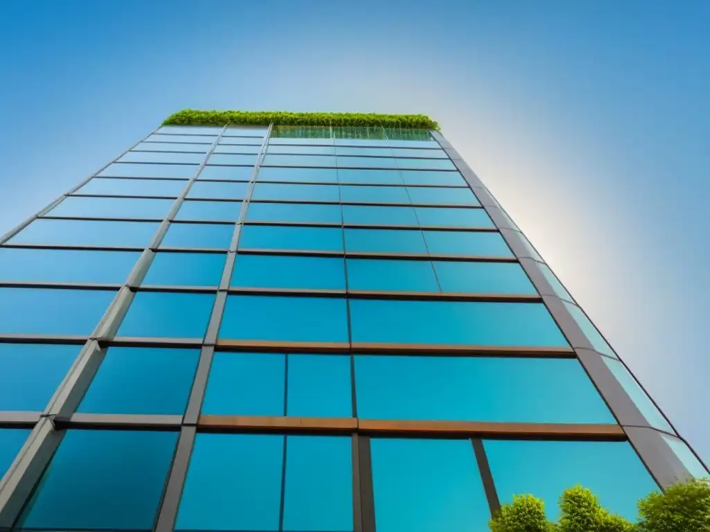 Rascacielos de lujo entre vegetación exuberante y cielo azul claro Un rascacielos moderno rodeado de vegetación exuberante, reflejándose en una fachada de vidrio bajo un cielo azul