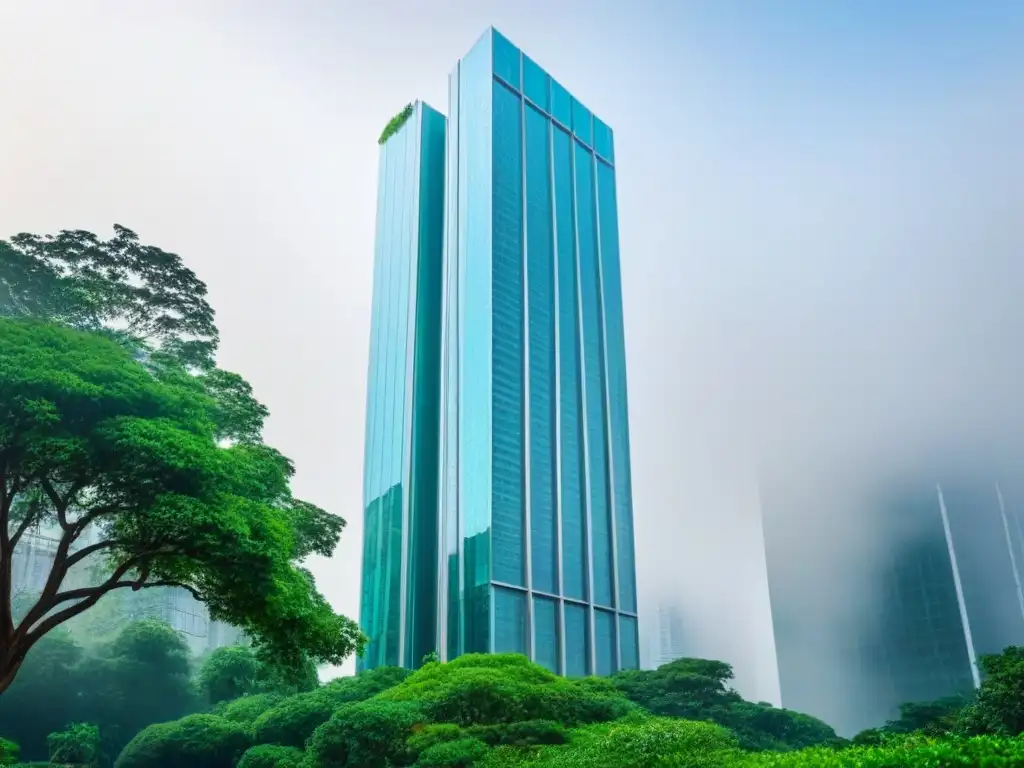 Un rascacielos moderno rodeado de vegetación exuberante, simbolizando estabilidad y crecimiento para inversión inmobiliaria segura