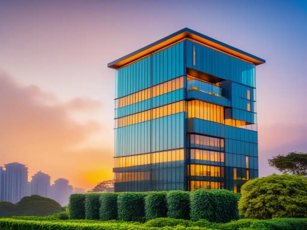 Edificio de lujo en ambiente natural: éxito en gestión inmobiliaria Un rascacielos moderno rodeado de exuberante vegetación, con ventanas grandes reflejando el atardecer dorado
