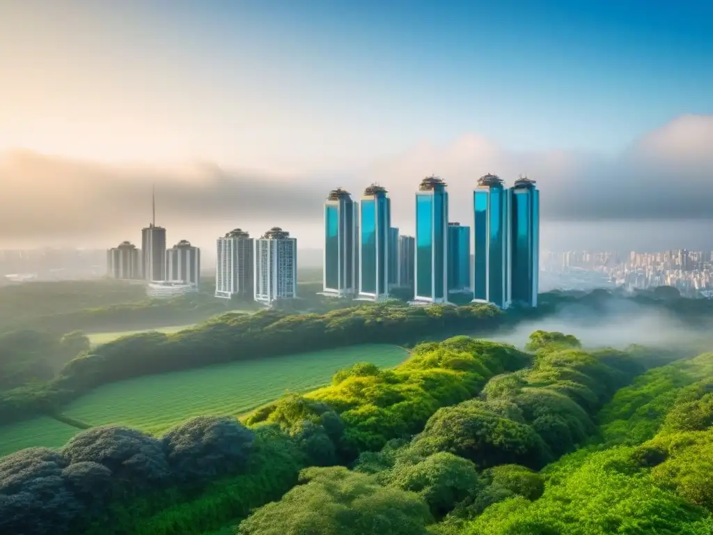 Edificio de lujo con ventanales de cristal y vegetación exuberante Un rascacielos moderno rodeado de vegetación exuberante y una ciudad bulliciosa al fondo
