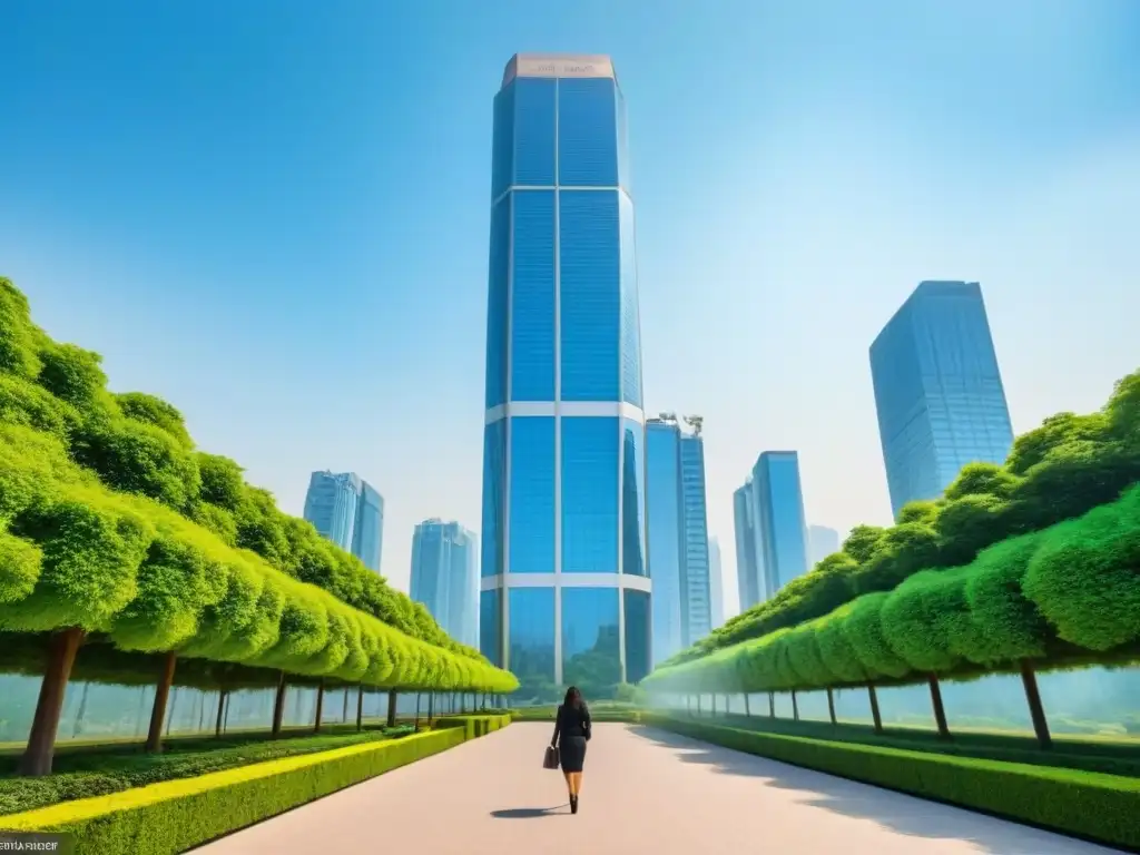 Inversión inmobiliaria de lujo: rascacielos moderno en entorno verde Un rascacielos moderno rodeado de vegetación exuberante, con diseño elegante y ventanas de piso a techo reflejando el cielo azul