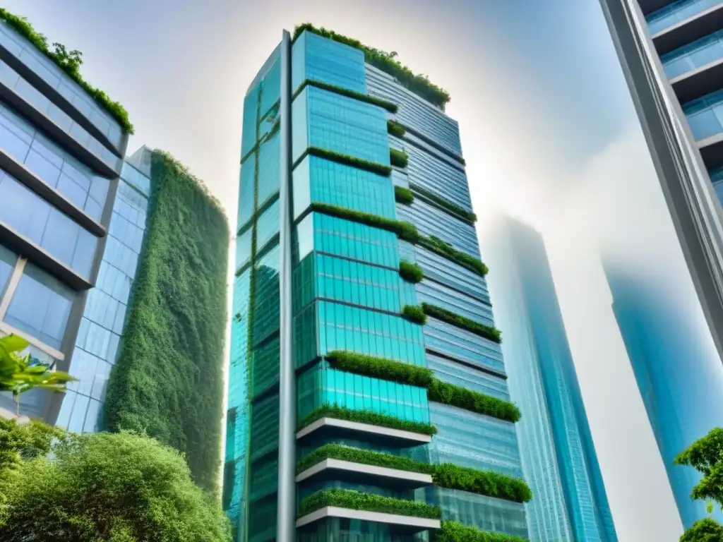 Rascacielos moderno en mercado emergente: éxito y sostenibilidad Un rascacielos moderno rodeado de vegetación exuberante, simbolizando estrategias de salida en inversiones inmobiliarias