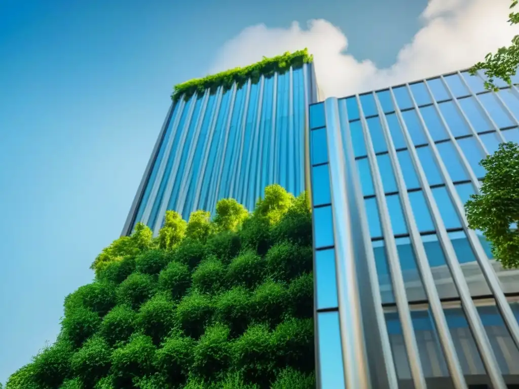 Rascacielos moderno de lujo entre exuberante vegetación Un rascacielos moderno rodeado de exuberante vegetación, reflejándose en una fachada de vidrio bajo un cielo azul claro en el mercado de bienes raíces