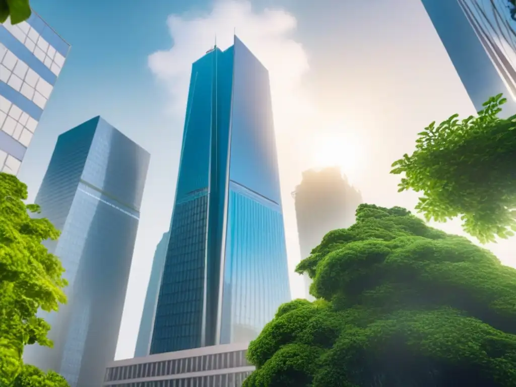 Edificio moderno y natural: sinergia entre seguros e inversión inmobiliaria Un rascacielos moderno rodeado de vegetación, reflejando la importancia de seguros para aumentar el valor de inmuebles