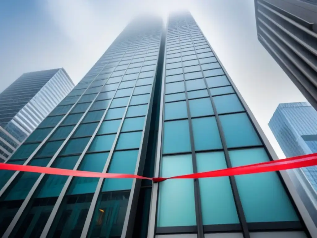 Rascacielos moderno enfrenta maraña de trámites en rojo Rascacielos moderno rodeado de maraña de cintas rojas, simbolizando desafíos de normativa local financiamiento inmobiliario