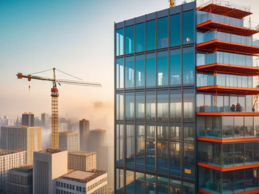 Desarrollo inmobiliario: lujo y ambición en construcción Un rascacielos moderno rodeado de grúas y obreros, reflejando el ajetreo de un proyecto inmobiliario
