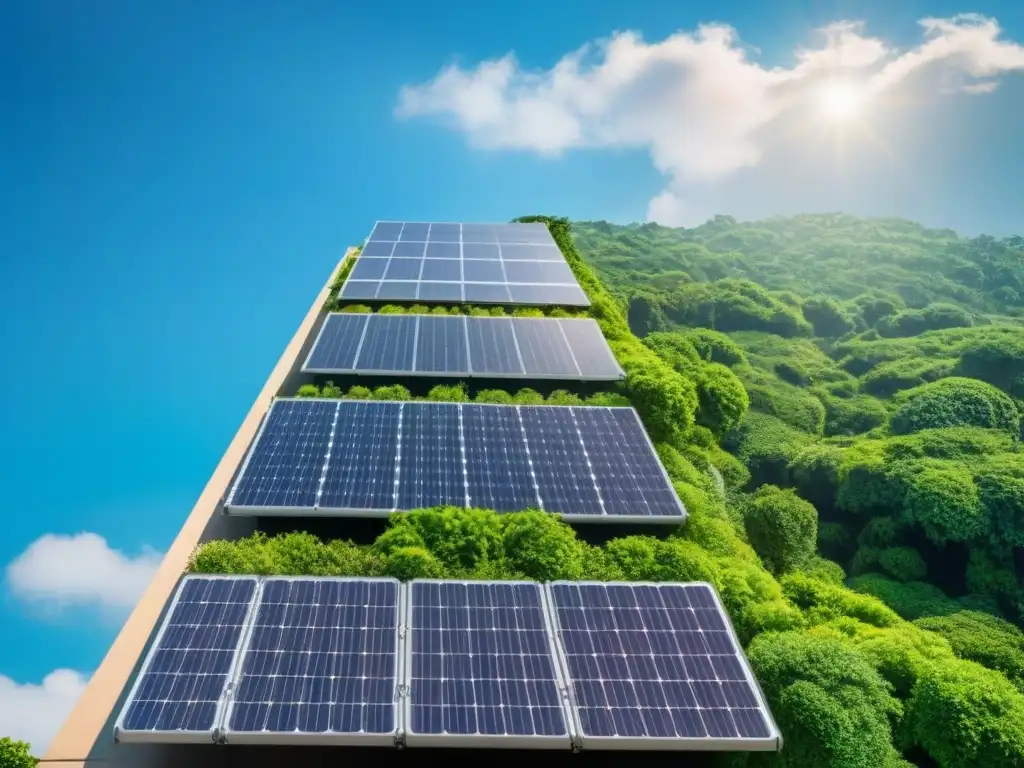 Rascacielos ecofriendly en entorno urbano Un rascacielos moderno rodeado de vegetación, con paneles solares en el techo