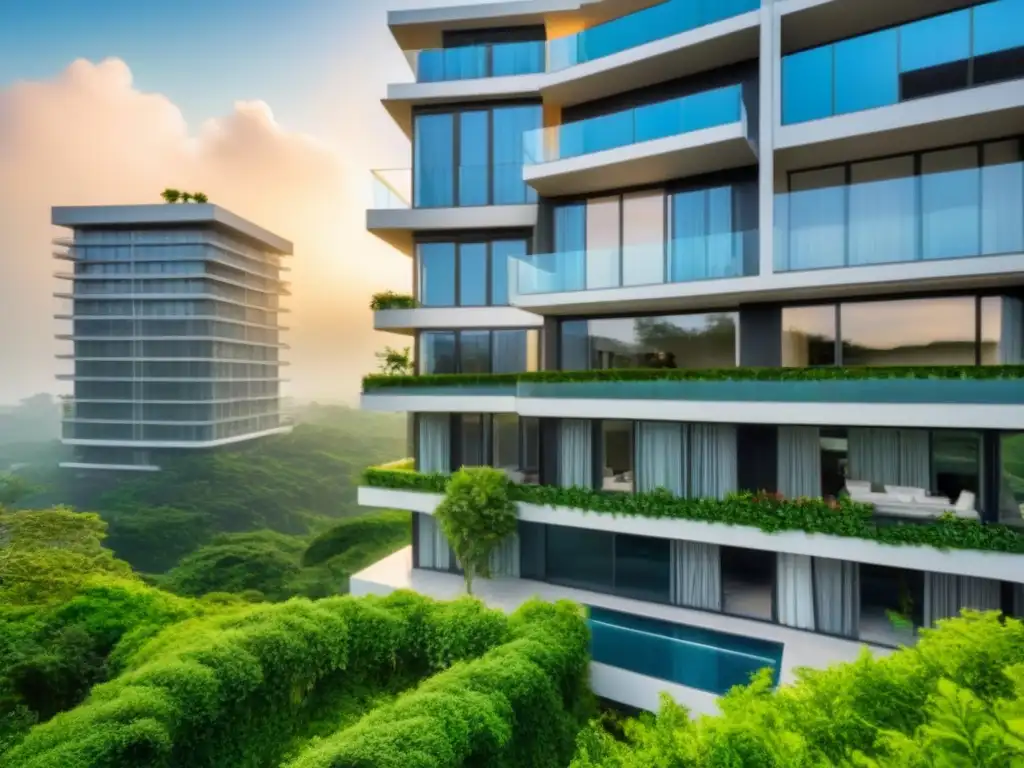 Edificio de lujo sostenible con paneles solares y diseño innovador Un rascacielos moderno rodeado de vegetación, con paneles solares y diseño sostenible